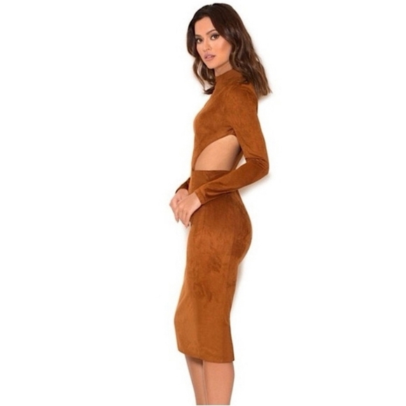 House Of CB London Brown Suede Midi Dress High Neck Cutout Slit Size Small - Picture 2 of 16